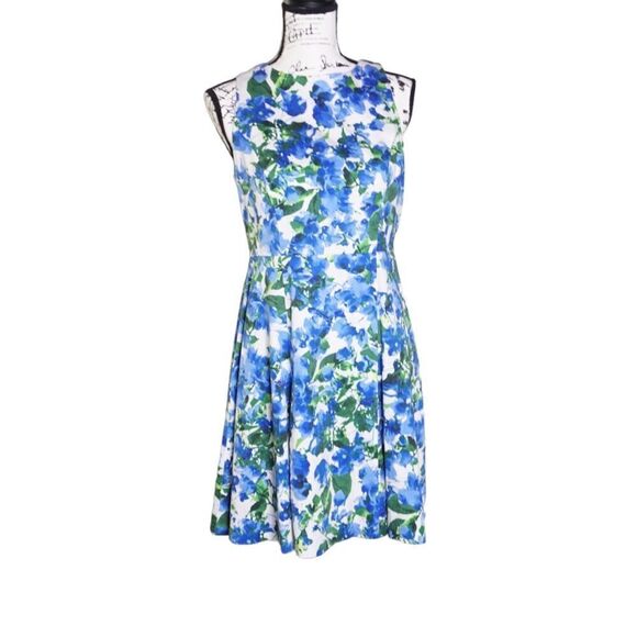 Milly Design Nation Blue and White Floral Sleeveless Fit & Flare Dress, Size 8 - Picture 2 of 10